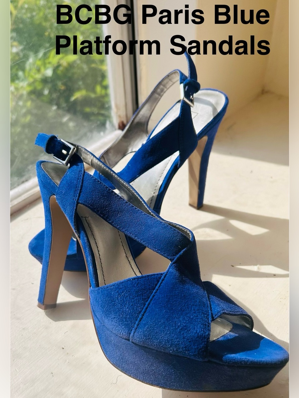 BCBG Royal Blue Faux Suede Platform Sandal Heels | Size:10
